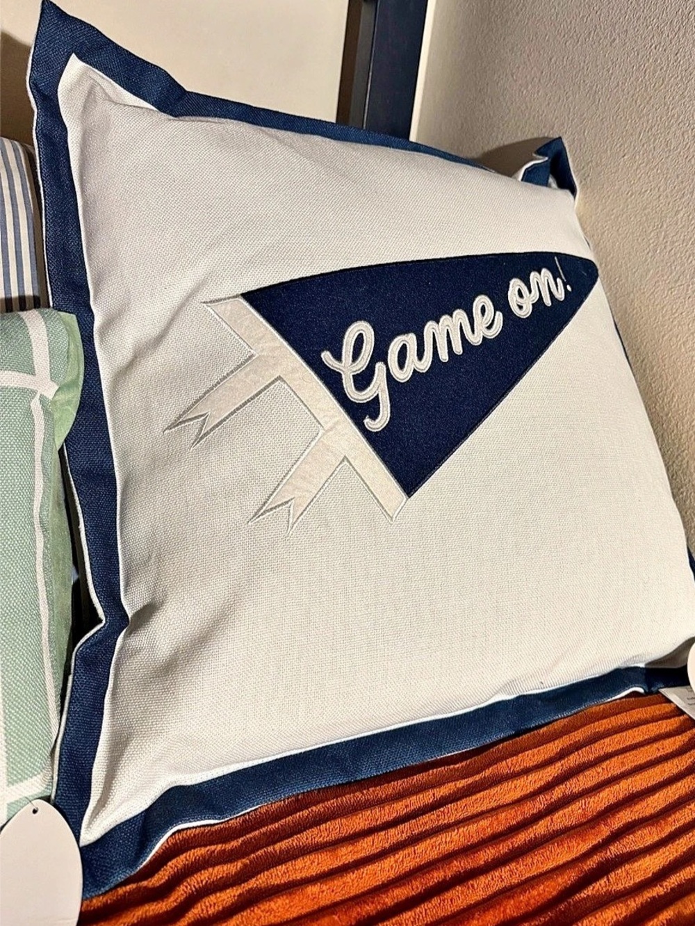 “Game On” Embroidered Accent Pillow in White & Blue Flag 20”x20”